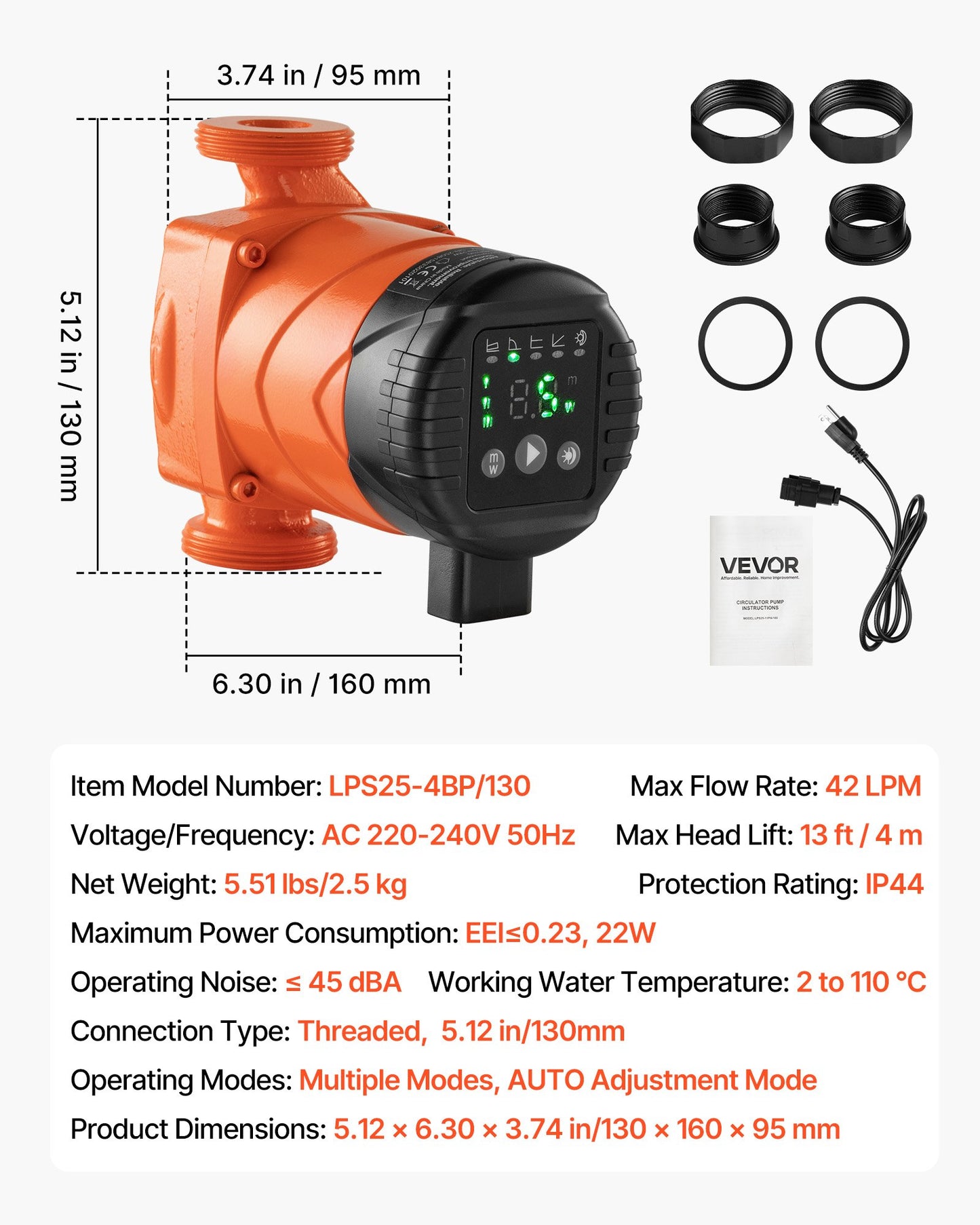 LPS25-4BP/130 High Efficiency Circulator Pump, 42 LPM, 4 m Max Lift Cast Iron Hot Water Recirculating Circulation Pump, Threaded Connection, Check Valve, Quiet Operation, for Home Heating System