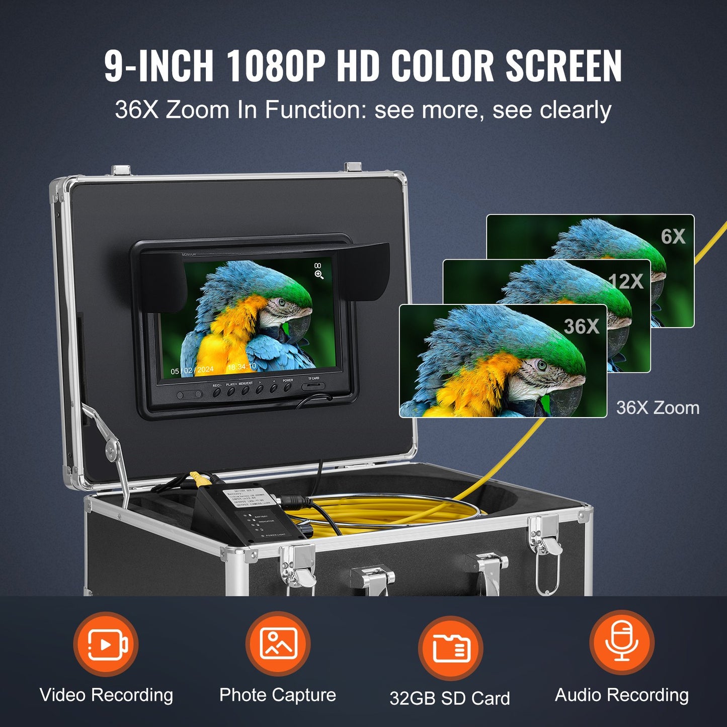 Sewer Camera with 512Hz Locator, 165 ft/50 m, 9" Drain Inspection Camera with Self-Leveling, 36X Zoom, Plumbing Camera with Lights-12 LED, 32GB Card, IP68 Waterproof Snake Camera for Duct Pipe