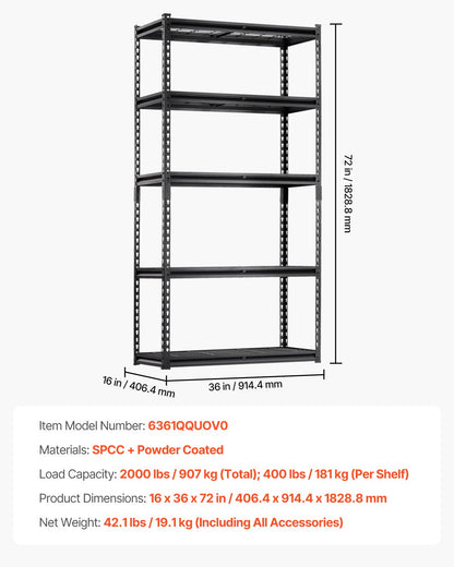 Storage Shelves, 2000 lbs, 5 Tier Heavy Duty Garage Shelving, 16" D x 36" W x 72" H Adjustable Metal Shelves for Industrial Shelving Unit Utility Shelf, for Kitchen, Warehouse, Basement, Black