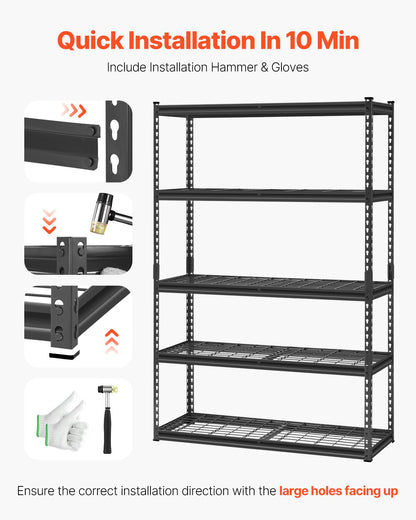 Storage Shelves, 2500 lbs, 5 Tier Heavy Duty Garage Shelving, 18" D x 48" W x 72" H Adjustable Metal Shelves for Industrial Shelving Unit Utility Shelf, for Kitchen, Warehouse, Basement, Black