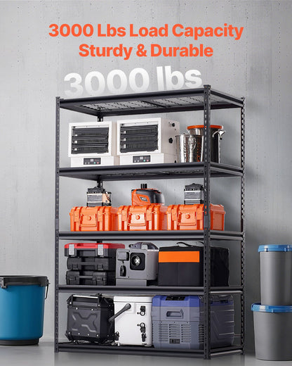 Storage Shelves, 3000 lbs, 5 Tier Heavy Duty Garage Shelving, 24" D x 48" W x 72" H Adjustable Metal Shelves for Industrial Shelving Unit Utility Shelf, for Kitchen, Warehouse, Basement, Black