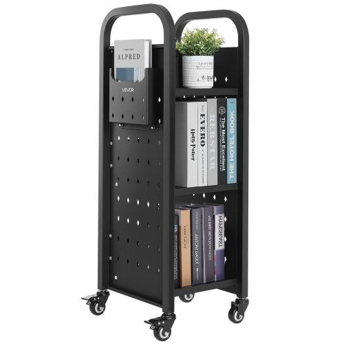 Rolling Library Book Cart, 100 kg Capacity, 32 x 35 x 93.5 cm Library Cart, Single Sided L-Shaped Shelves with 50.8 mm Lockable Wheels, Book Truck for Home Shelves Office and School, Black