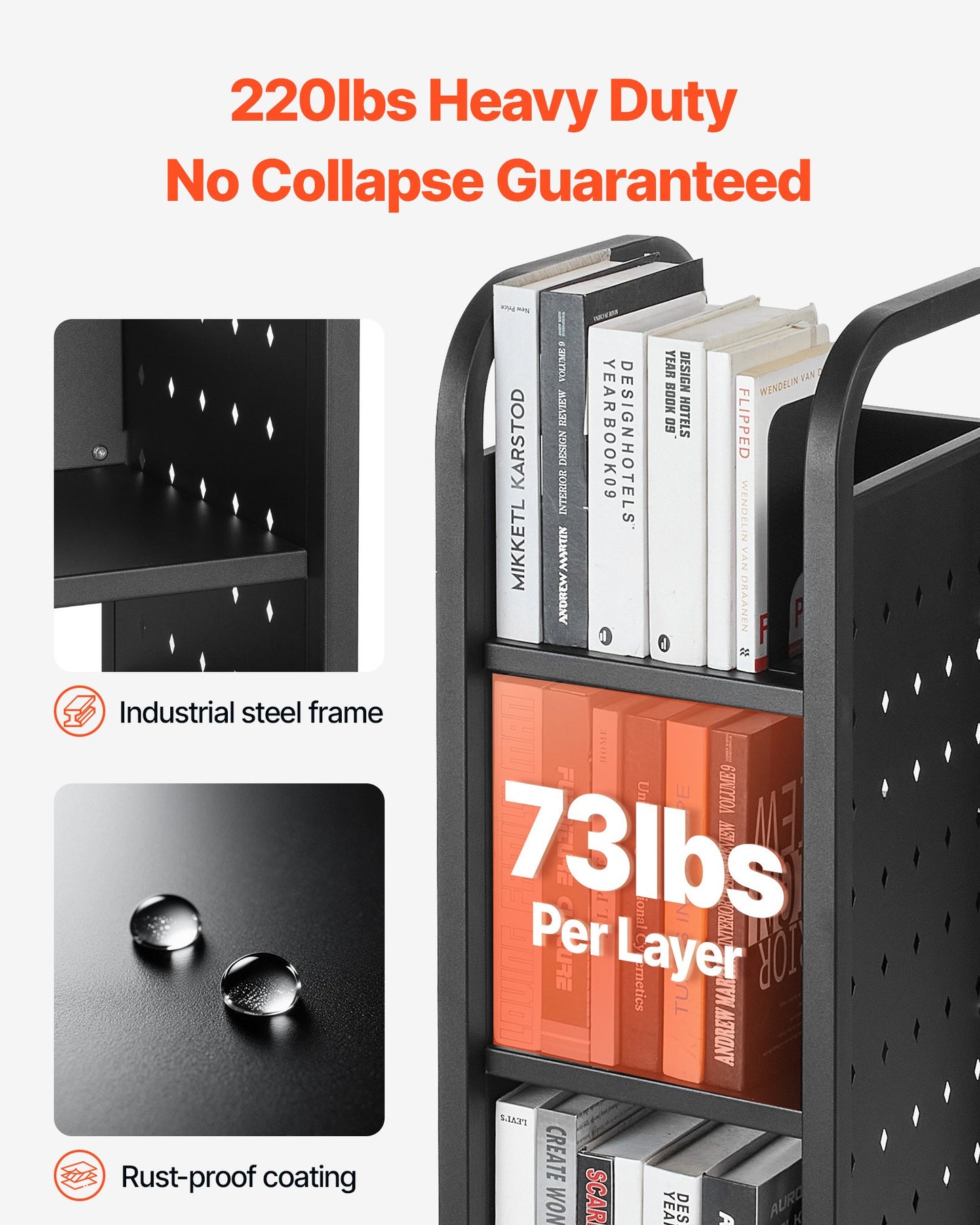 Rolling Library Book Cart, 100 kg Capacity, 32 x 35 x 93.5 cm Library Cart, Single Sided L-Shaped Shelves with 50.8 mm Lockable Wheels, Book Truck for Home Shelves Office and School, Black