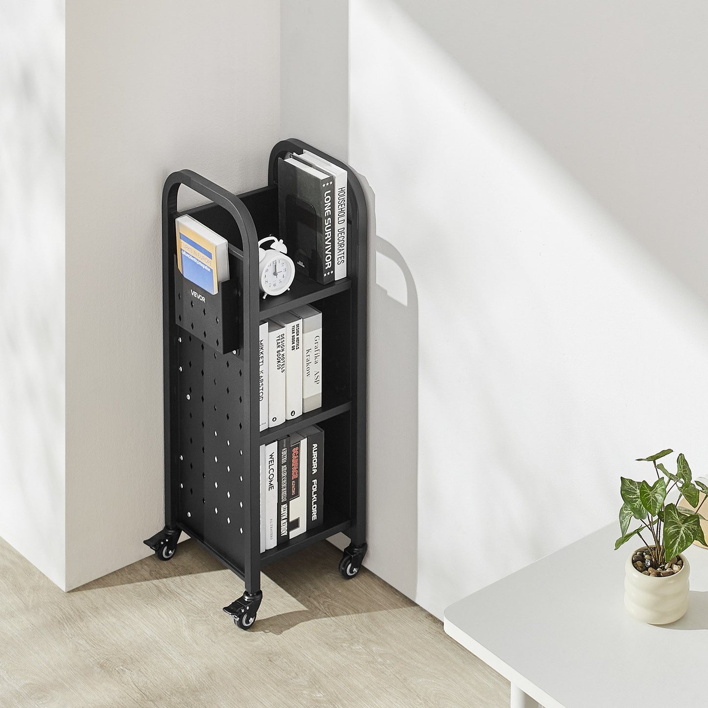 Rolling Library Book Cart, 100 kg Capacity, 32 x 35 x 93.5 cm Library Cart, Single Sided L-Shaped Shelves with 50.8 mm Lockable Wheels, Book Truck for Home Shelves Office and School, Black