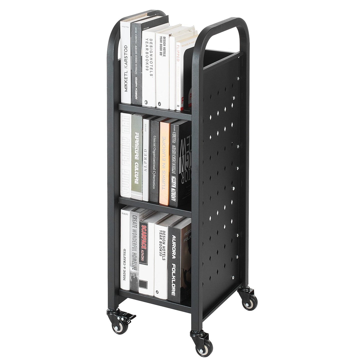 Rolling Library Book Cart, 100 kg Capacity, 32 x 35 x 93.5 cm Library Cart, Single Sided L-Shaped Shelves with 50.8 mm Lockable Wheels, Book Truck for Home Shelves Office and School, Black