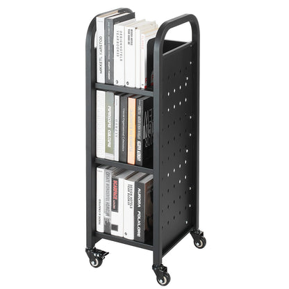 Rolling Library Book Cart, 100 kg Capacity, 32 x 35 x 93.5 cm Library Cart, Single Sided L-Shaped Shelves with 50.8 mm Lockable Wheels, Book Truck for Home Shelves Office and School, Black