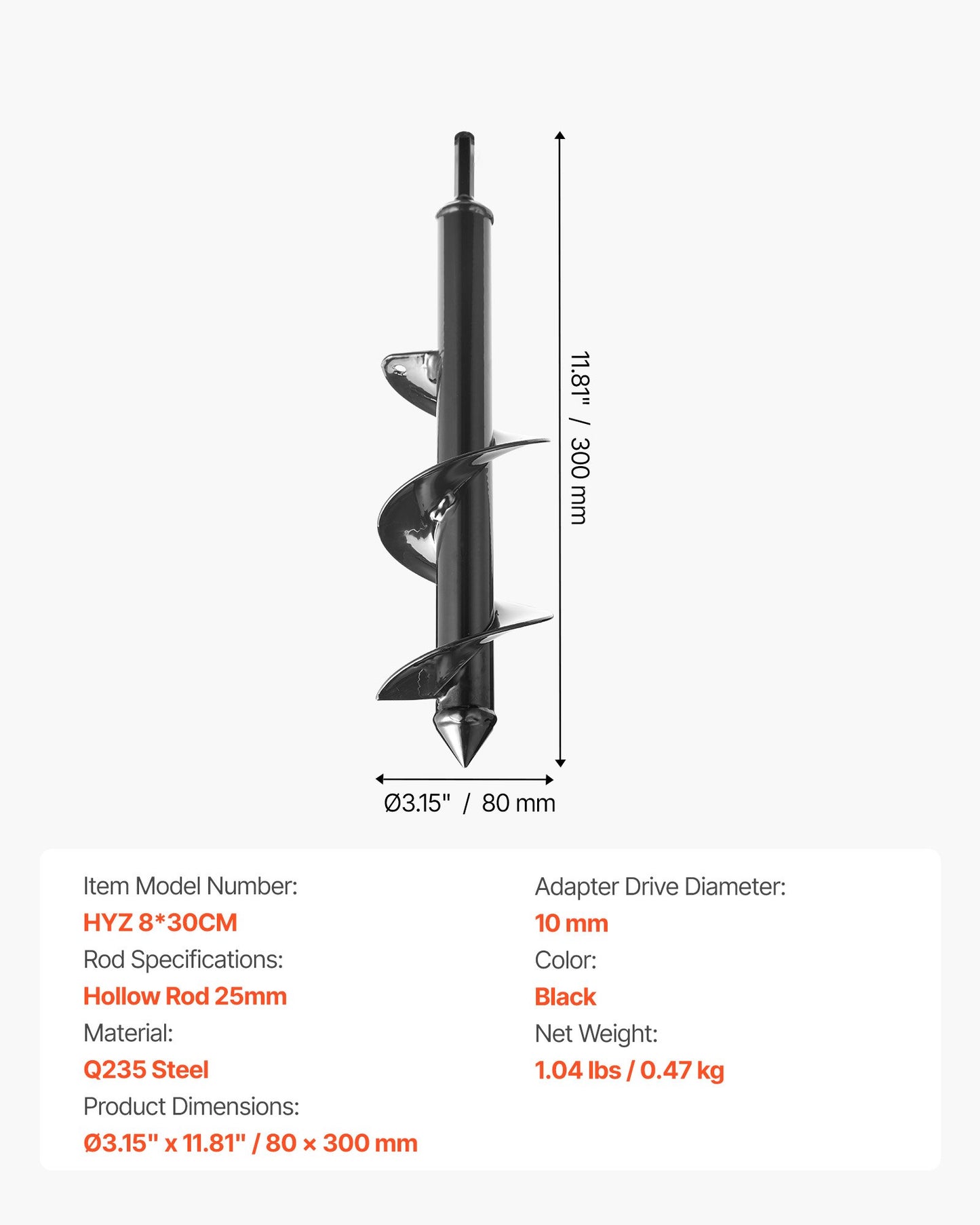 Auger Drill Bit for Planting, 80 x 300 mm Spiral Drill Bit, for 3/8" Hex Drive Drills, Heavy Duty Bulb Planter Tool, Hole Drilling Attachments for Garden Post Hole Digger Fence Digging