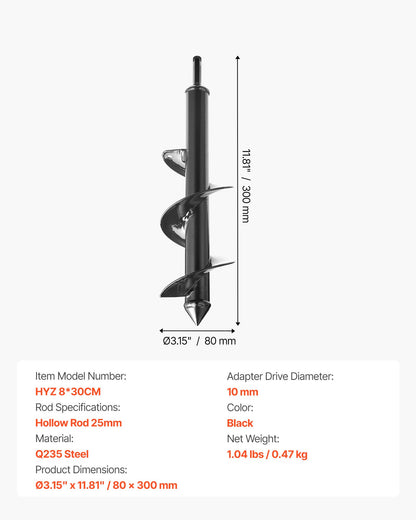 Auger Drill Bit for Planting, 80 x 300 mm Spiral Drill Bit, for 3/8" Hex Drive Drills, Heavy Duty Bulb Planter Tool, Hole Drilling Attachments for Garden Post Hole Digger Fence Digging