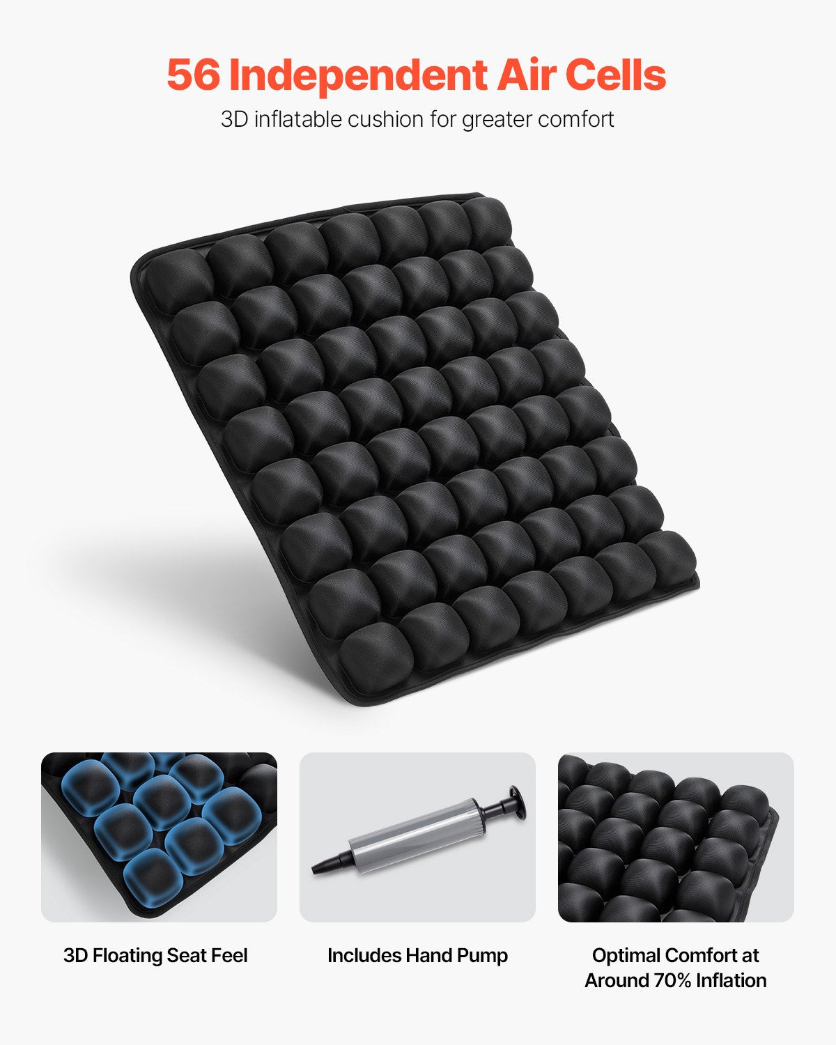 Aufblasbares Sitzkissen, 3D-Luftzellen-Sitzkissen zur Druckentlastung, Rollstuhlsitzauflage aus Lycra und TPU mit Handpumpe, leicht und tragbar für Reisen, Büro, Auto und Flugzeug