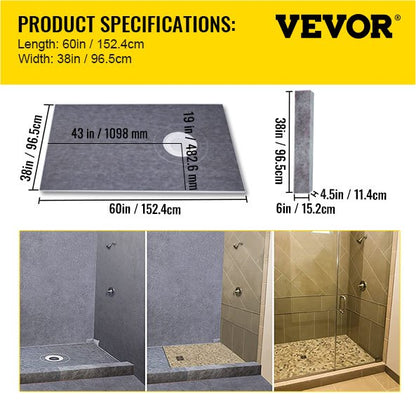 Shower Curb Kit, 38\"x60\" Watertight Shower Curb Overlay with 4\" ABS Offset Bonding Flange, 4\" Stainless Steel Grate, 2 Cuttable Shower Curb and Trowel, Shower Pan Slope Sticks Fit for Bathro