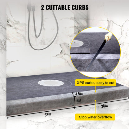 Shower Curb Kit, 38" x 60" ABS Watertight Shower Curb Overlay with 4" ABS Central Bonding Flange, 4" Stainless Steel Grate and Trowel, Cuttable Shower Curb, Shower Pan Fit for Bathroom