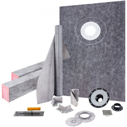 Shower Curb Kit 38" x 60" Watertight Shower Curb Overlay with 4\" PVC Offset Bonding Flange, 4\" Stainless Steel Grate, 2 Cuttable Shower Curb and Trowel, Shower Pan Slope Sticks Fit for Bathr