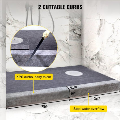 Shower Curb Kit 38" x 60" Watertight Shower Curb Overlay with 4\" PVC Offset Bonding Flange, 4\" Stainless Steel Grate, 2 Cuttable Shower Curb and Trowel, Shower Pan Slope Sticks Fit for Bathr