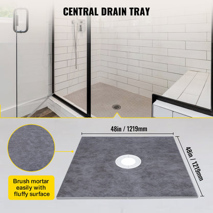 Shower Curb Kit, 48"x48" Watertight Shower Curb Overlay with 4\" PVC Central Bonding Flange, 4\" Stainless Steel Grate, 2 Cuttable Shower Curb and Trowel, Shower Pan Slope Sticks Fit for Bathr