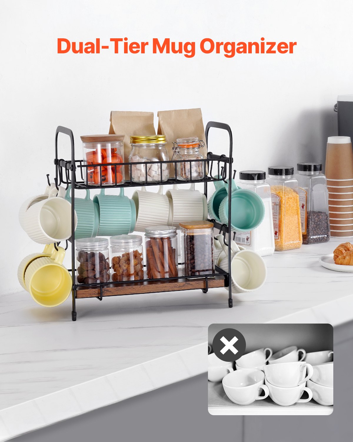 2-stöckiger Kaffeebar-Organizer für die Arbeitsplatte, multifunktionaler Tassenhalter und Kaffeestation, 12 verschiebbare Haken und 2 Ablagen zur Aufbewahrung und Präsentation von Kaffeezubehör, Homeoffice (Mattschwarz)