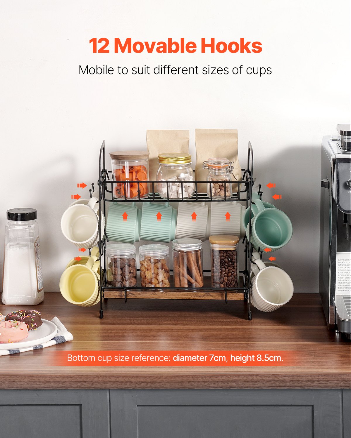 2-stöckiger Kaffeebar-Organizer für die Arbeitsplatte, multifunktionaler Tassenhalter und Kaffeestation, 12 verschiebbare Haken und 2 Ablagen zur Aufbewahrung und Präsentation von Kaffeezubehör, Homeoffice (Mattschwarz)
