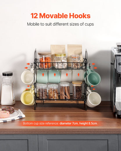 2-stöckiger Kaffeebar-Organizer für die Arbeitsplatte, multifunktionaler Tassenhalter und Kaffeestation, 12 verschiebbare Haken und 2 Ablagen zur Aufbewahrung und Präsentation von Kaffeezubehör, Homeoffice (Mattschwarz)