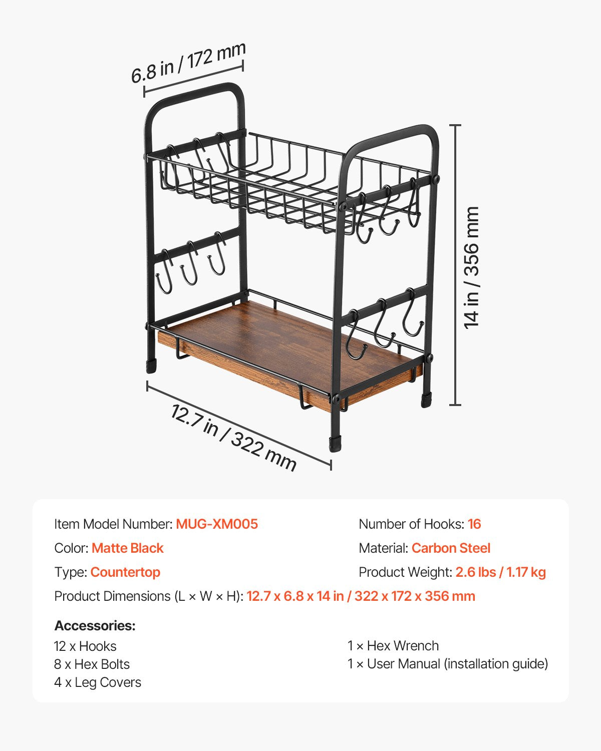 2-stöckiger Kaffeebar-Organizer für die Arbeitsplatte, multifunktionaler Tassenhalter und Kaffeestation, 12 verschiebbare Haken und 2 Ablagen zur Aufbewahrung und Präsentation von Kaffeezubehör, Homeoffice (Mattschwarz)