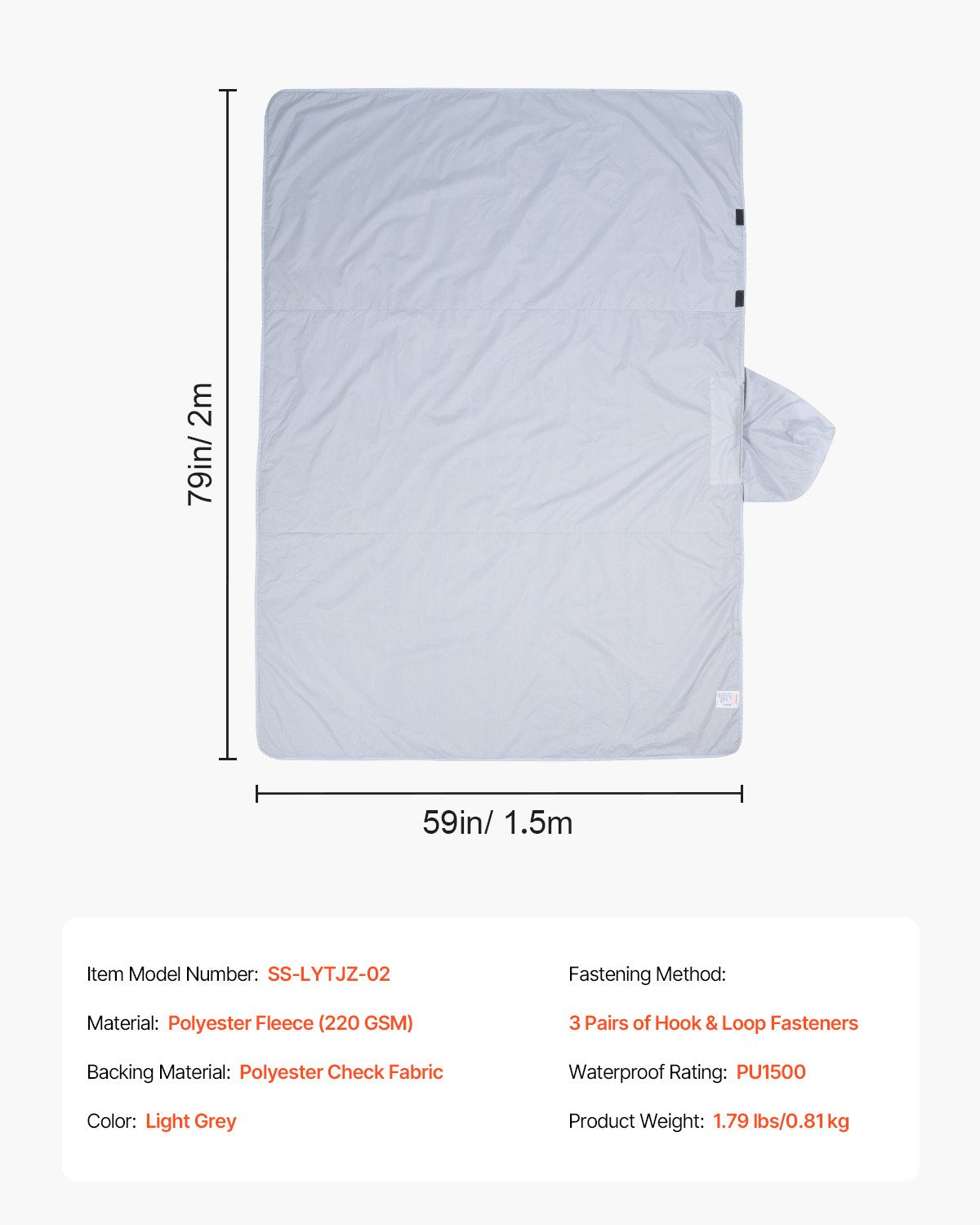 Camping Blanket 2x1.5m (79" x 59") Wearable Warm Stadium Blanket Outdoor Light Grey