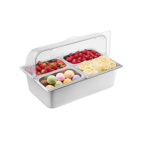 Countertop Food Serving Display Container, 4 Pan Stainless Steel Food Serving Tray, Buffet Condiment Dispenser Display Rack with Clear Lid & 3 Freezer Boxes, for Restaurant Hotel Kitchen Party