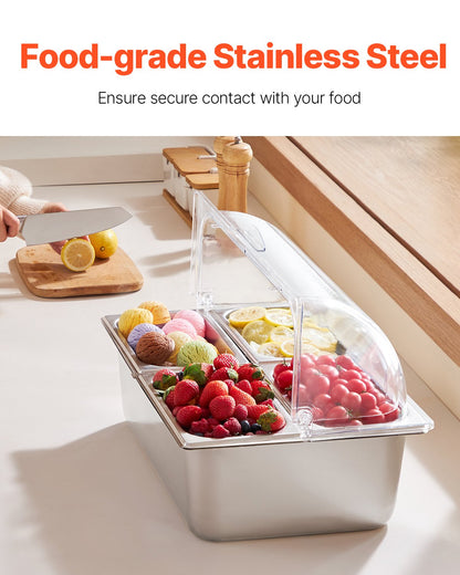 Countertop Food Serving Display Container, 4 Pan Stainless Steel Food Serving Tray, Buffet Condiment Dispenser Display Rack with Clear Lid & 3 Freezer Boxes, for Restaurant Hotel Kitchen Party