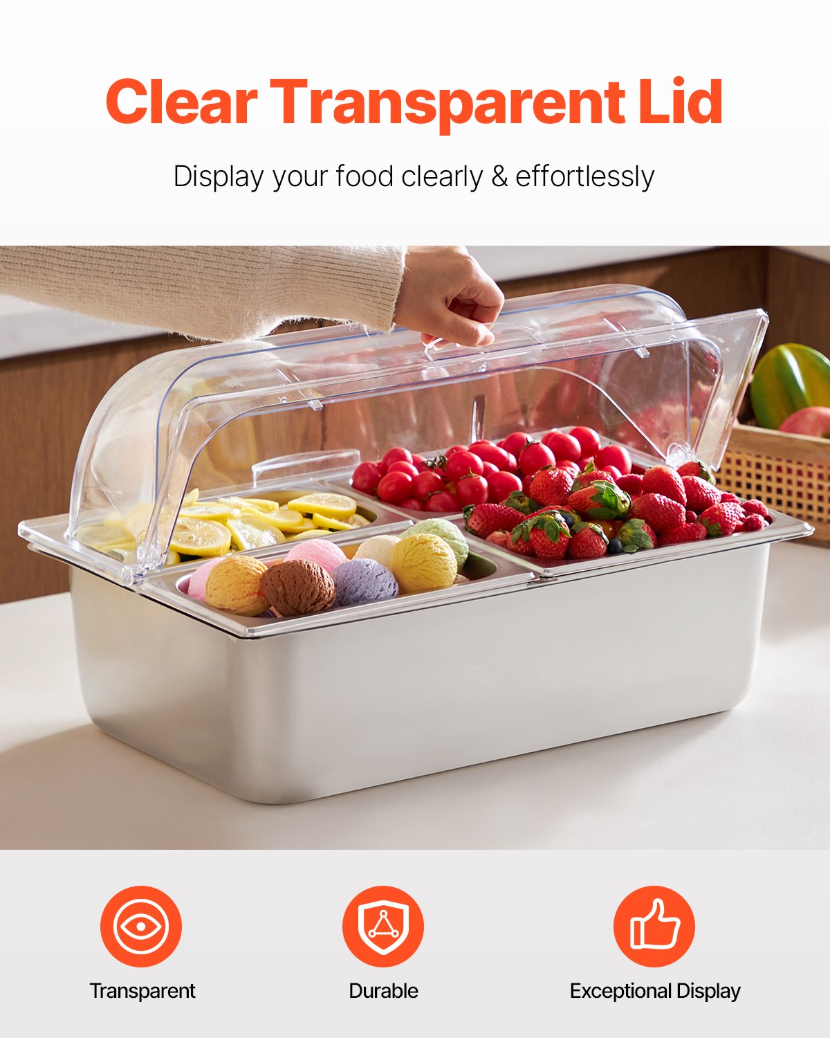 Countertop Food Serving Display Container, 4 Pan Stainless Steel Food Serving Tray, Buffet Condiment Dispenser Display Rack with Clear Lid & 3 Freezer Boxes, for Restaurant Hotel Kitchen Party