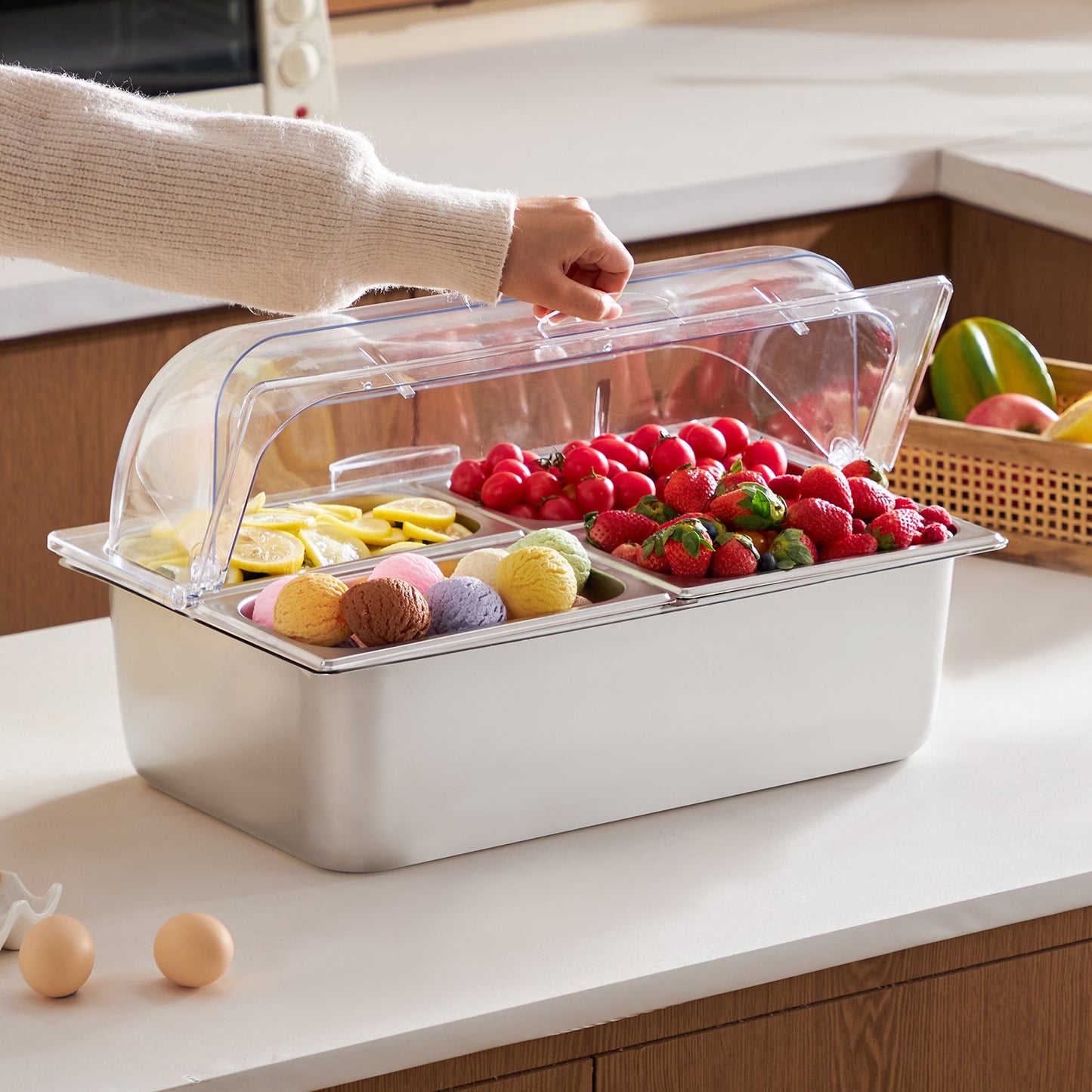 Countertop Food Serving Display Container, 4 Pan Stainless Steel Food Serving Tray, Buffet Condiment Dispenser Display Rack with Clear Lid & 3 Freezer Boxes, for Restaurant Hotel Kitchen Party