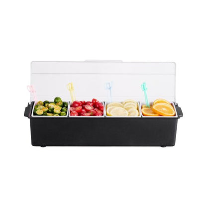 Chilled Condiment Server, 4 Compartment Ice Cooled Condiment Serving Container, Chilled Garnish Tray Bar Caddy with Lid, for Bartending & Serving Taco, Salad, Fruit, Home & Restaurant Supplies