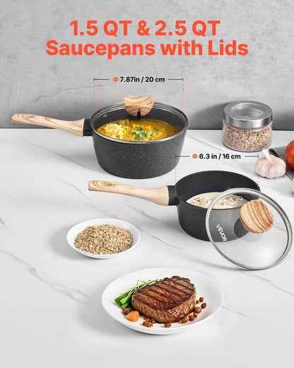 Saucepan Set, 1.5 QT & 2.5 QT Nonstick Saucepan with Glass Lids, Multipurpose Cooking Sauce Pots with Detachable Handles, Sauce Pan Kitchen Cooking Pot with Coating, Induction Compatible, Black