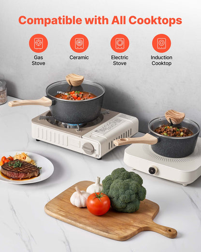 Saucepan Set, 1.5 QT & 2.5 QT Nonstick Saucepan with Glass Lids, Multipurpose Cooking Sauce Pots with Detachable Handles, Sauce Pan Kitchen Cooking Pot with Coating, Induction Compatible, Black