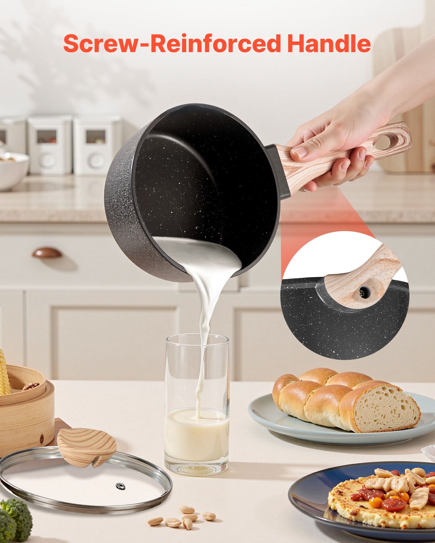 Saucepan Set, 1.5 QT & 2.5 QT Nonstick Saucepan with Glass Lids, Multipurpose Cooking Sauce Pots with Detachable Handles, Sauce Pan Kitchen Cooking Pot with Coating, Induction Compatible, Black