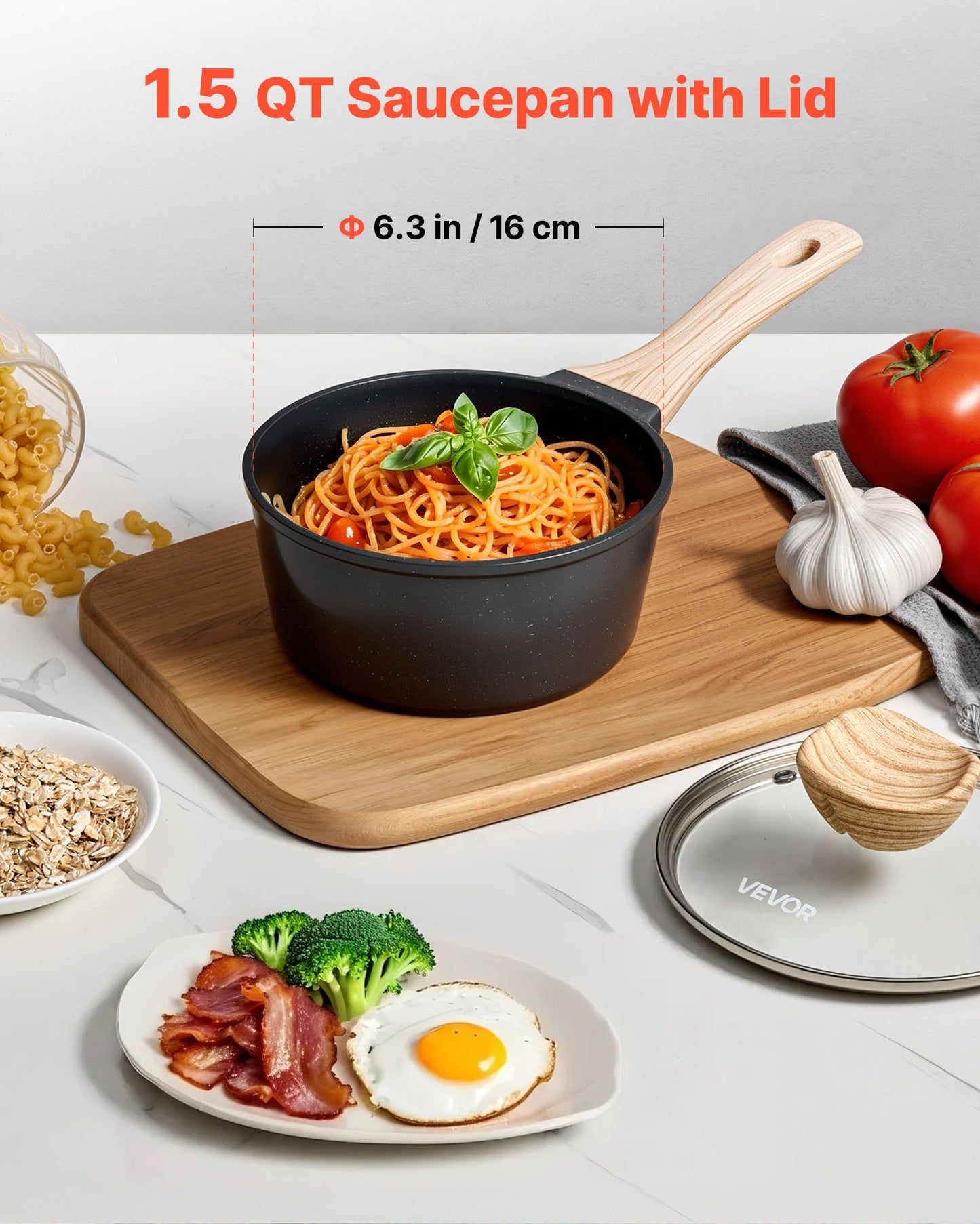 1,5-Liter-Stielkasserolle, antihaftbeschichtet, mit Deckel aus gehärtetem Glas, vielseitig einsetzbarer Kochtopf mit abnehmbarem Griff, kleiner Küchenkochtopf mit Beschichtung, induktionsgeeignet, schwarz