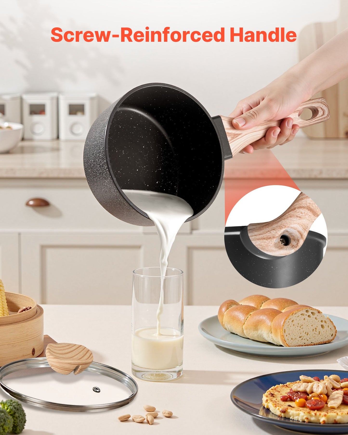 1,5-Liter-Stielkasserolle, antihaftbeschichtet, mit Deckel aus gehärtetem Glas, vielseitig einsetzbarer Kochtopf mit abnehmbarem Griff, kleiner Küchenkochtopf mit Beschichtung, induktionsgeeignet, schwarz