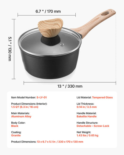 1,5-Liter-Stielkasserolle, antihaftbeschichtet, mit Deckel aus gehärtetem Glas, vielseitig einsetzbarer Kochtopf mit abnehmbarem Griff, kleiner Küchenkochtopf mit Beschichtung, induktionsgeeignet, schwarz
