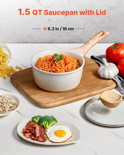 1.5 QT Saucepan, Nonstick Saucepan with Tempered Glass Lid, Multipurpose Cooking Sauce Pot with Detachable Handle, Sauce Pan Small Kitchen Cooking Pot with Coating, Induction Compatible, White