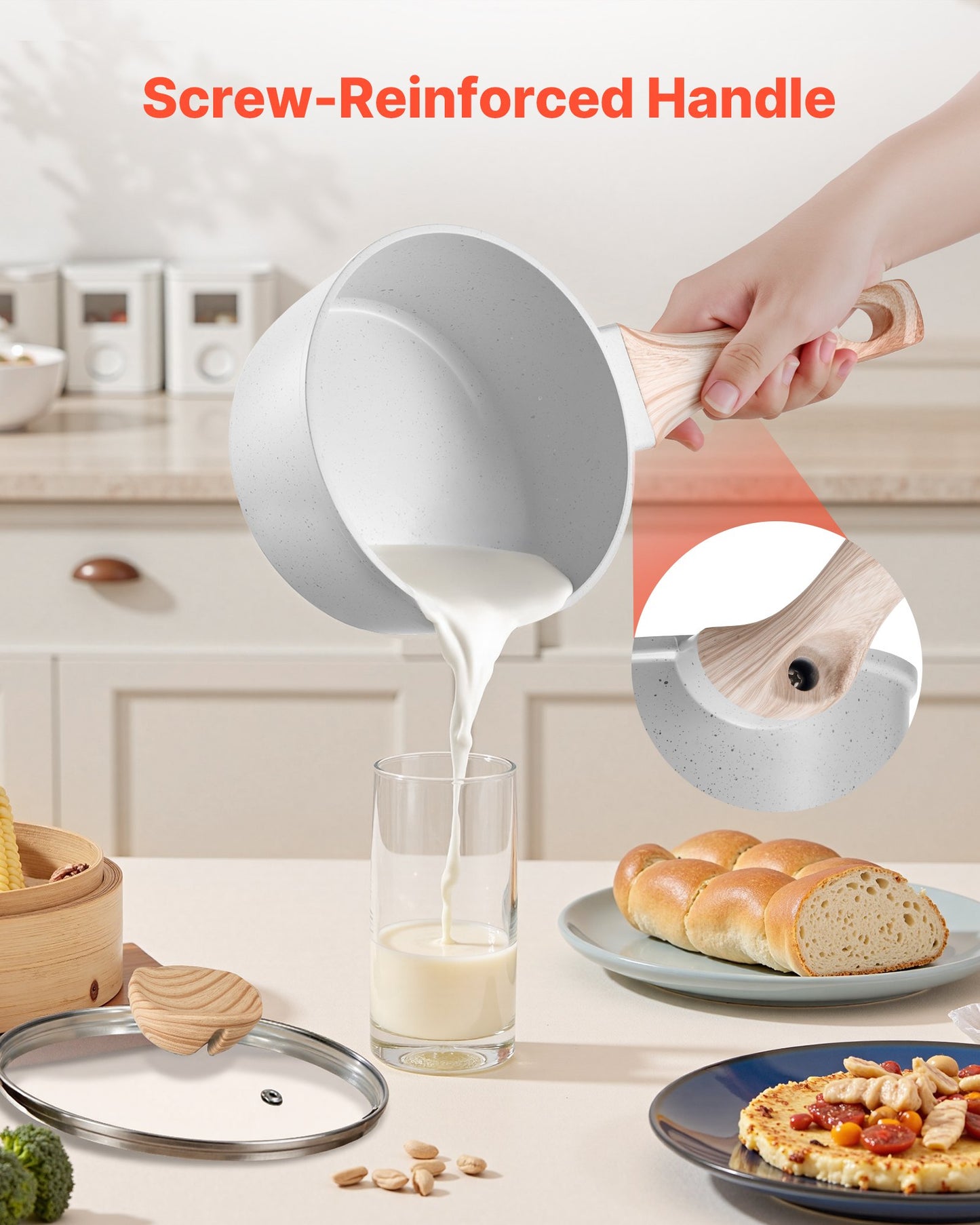 1.5 QT Saucepan, Nonstick Saucepan with Tempered Glass Lid, Multipurpose Cooking Sauce Pot with Detachable Handle, Sauce Pan Small Kitchen Cooking Pot with Coating, Induction Compatible, White