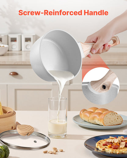 1.5 QT Saucepan, Nonstick Saucepan with Tempered Glass Lid, Multipurpose Cooking Sauce Pot with Detachable Handle, Sauce Pan Small Kitchen Cooking Pot with Coating, Induction Compatible, White