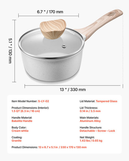 1.5 QT Saucepan, Nonstick Saucepan with Tempered Glass Lid, Multipurpose Cooking Sauce Pot with Detachable Handle, Sauce Pan Small Kitchen Cooking Pot with Coating, Induction Compatible, White