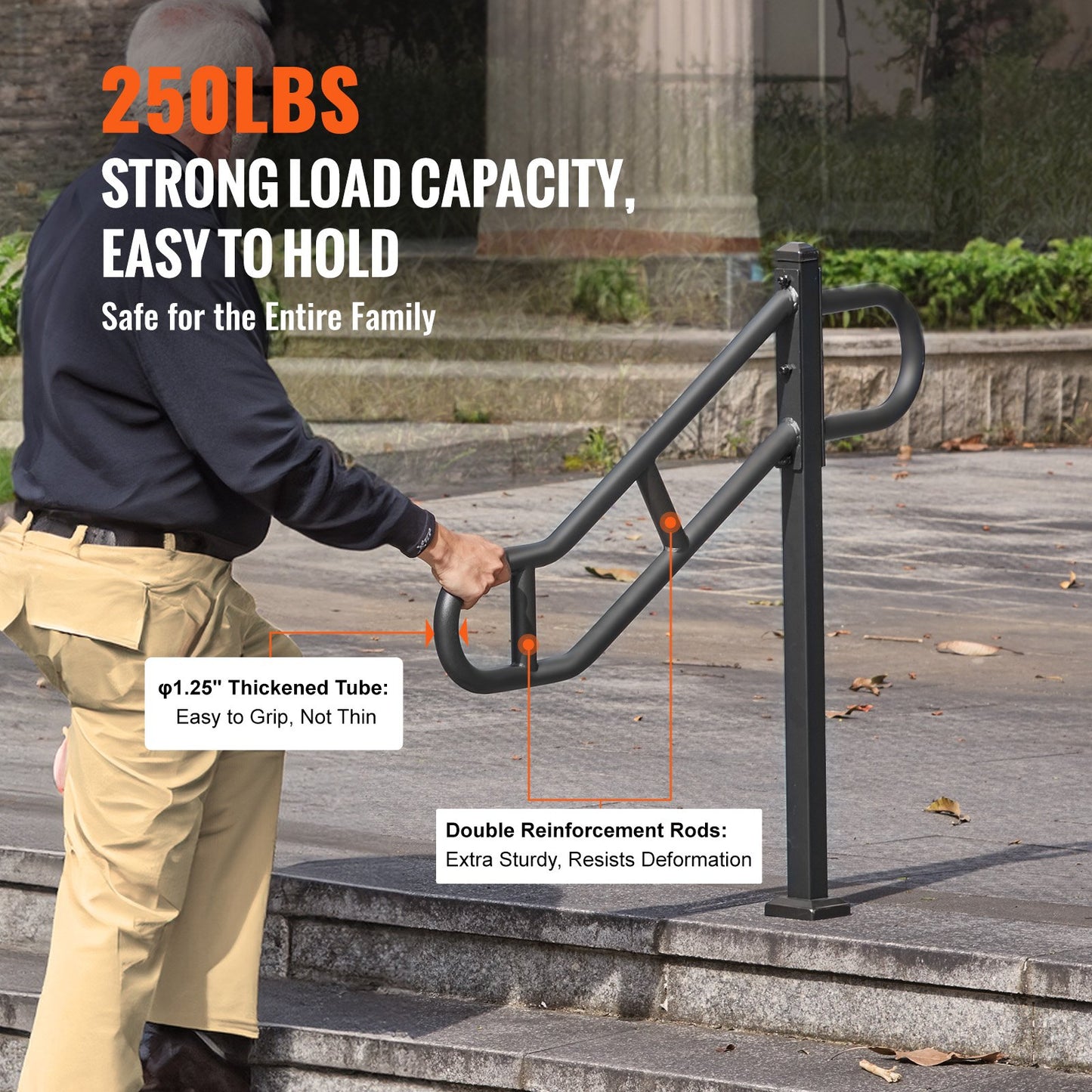 Single Post Handrail for Outdoor 1-3 Step 102.9 cm Stair Handrail Floor Mount