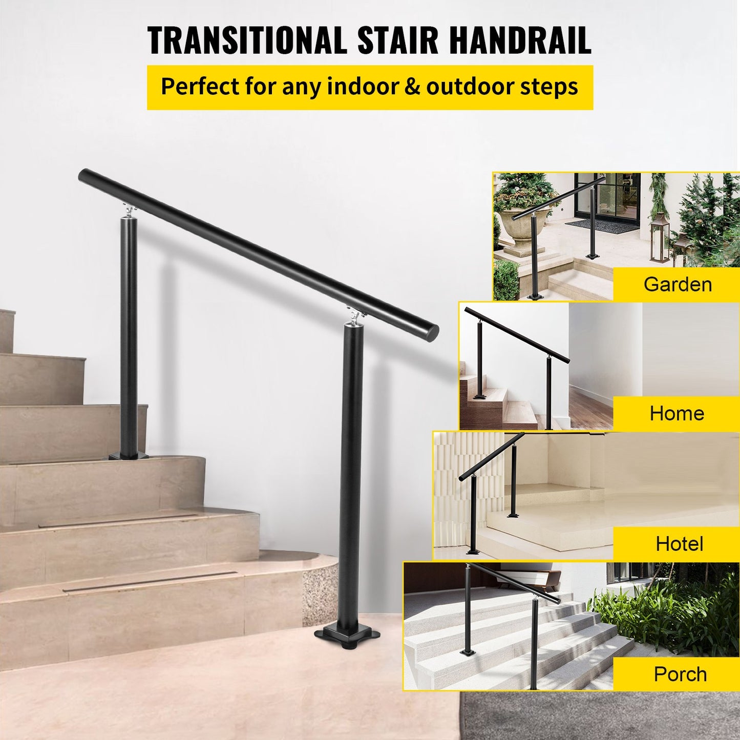 Handrail Outdoor Stairs, 4ft, 34 Inch Outdoor Handrail Black Outdoor Stair Railing Adjustable from 0 to 60 Degrees Handrail for Stairs Outdoor Black Aluminum Stair Railing for Garden