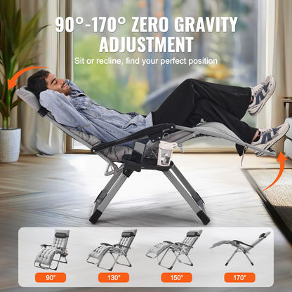 Zero-Gravity-Sessel, 66 cm (26 Zoll) hoher Zero-Gravity-Liegestuhl für drinnen und draußen, verstellbarer Anti-Schwerkraft-Sessel mit Kissen, Kopfstütze, Fußstütze und Getränkehalter, bis 227 kg belastbar, Grau