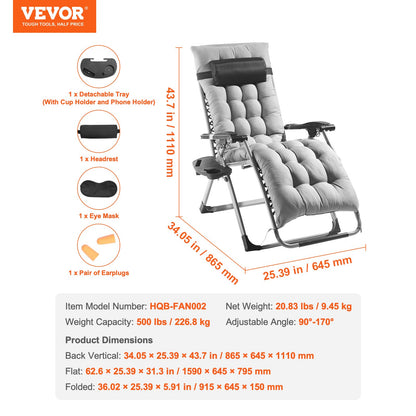 Zero-Gravity-Sessel, 66 cm (26 Zoll) hoher Zero-Gravity-Liegestuhl für drinnen und draußen, verstellbarer Anti-Schwerkraft-Sessel mit Kissen, Kopfstütze, Fußstütze und Getränkehalter, bis 227 kg belastbar, Grau