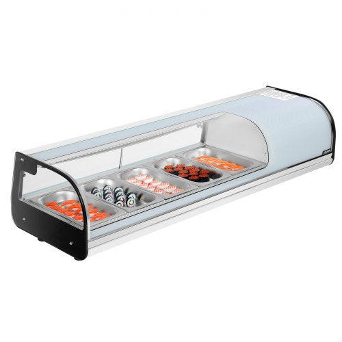 Sushi Display Case Refrigerator, 52L Commercial Sushi Case, 5-Pan Countertop Showcase with Curved Glass, LED Lighting, and Digital Temperature Control, for Sushi-Bar Counter, Restaurant, Store