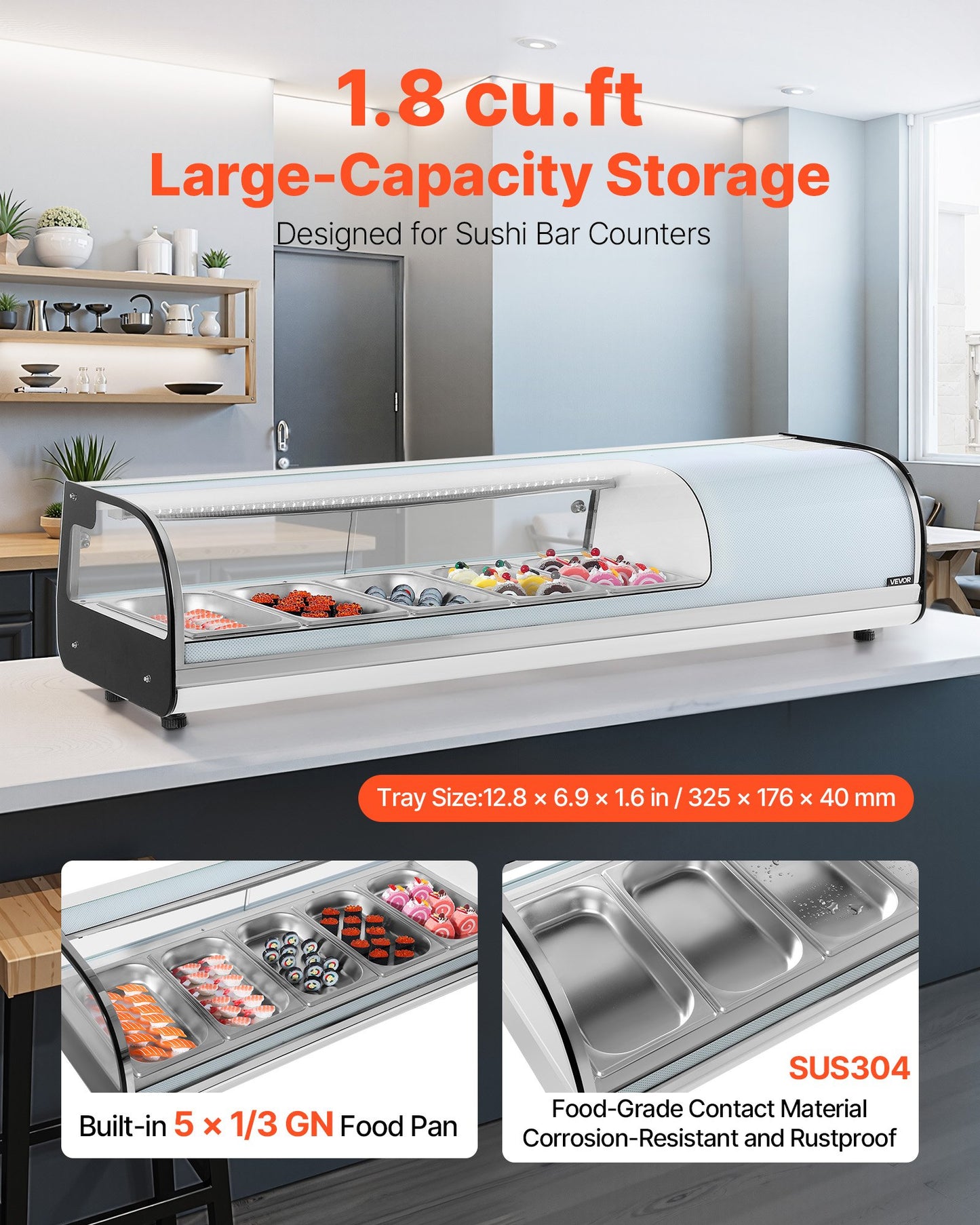 Sushi Display Case Refrigerator, 52L Commercial Sushi Case, 5-Pan Countertop Showcase with Curved Glass, LED Lighting, and Digital Temperature Control, for Sushi-Bar Counter, Restaurant, Store