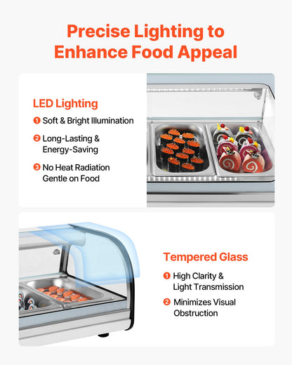 Sushi Display Case Refrigerator, 52L Commercial Sushi Case, 5-Pan Countertop Showcase with Curved Glass, LED Lighting, and Digital Temperature Control, for Sushi-Bar Counter, Restaurant, Store