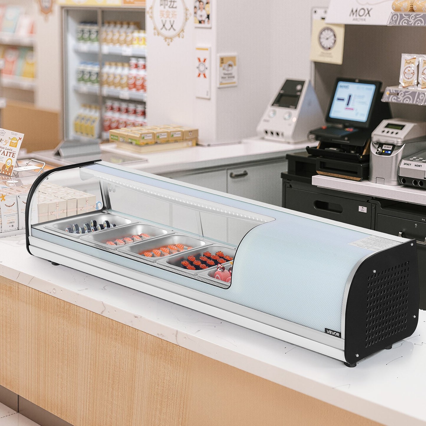 Sushi Display Case Refrigerator, 52L Commercial Sushi Case, 5-Pan Countertop Showcase with Curved Glass, LED Lighting, and Digital Temperature Control, for Sushi-Bar Counter, Restaurant, Store