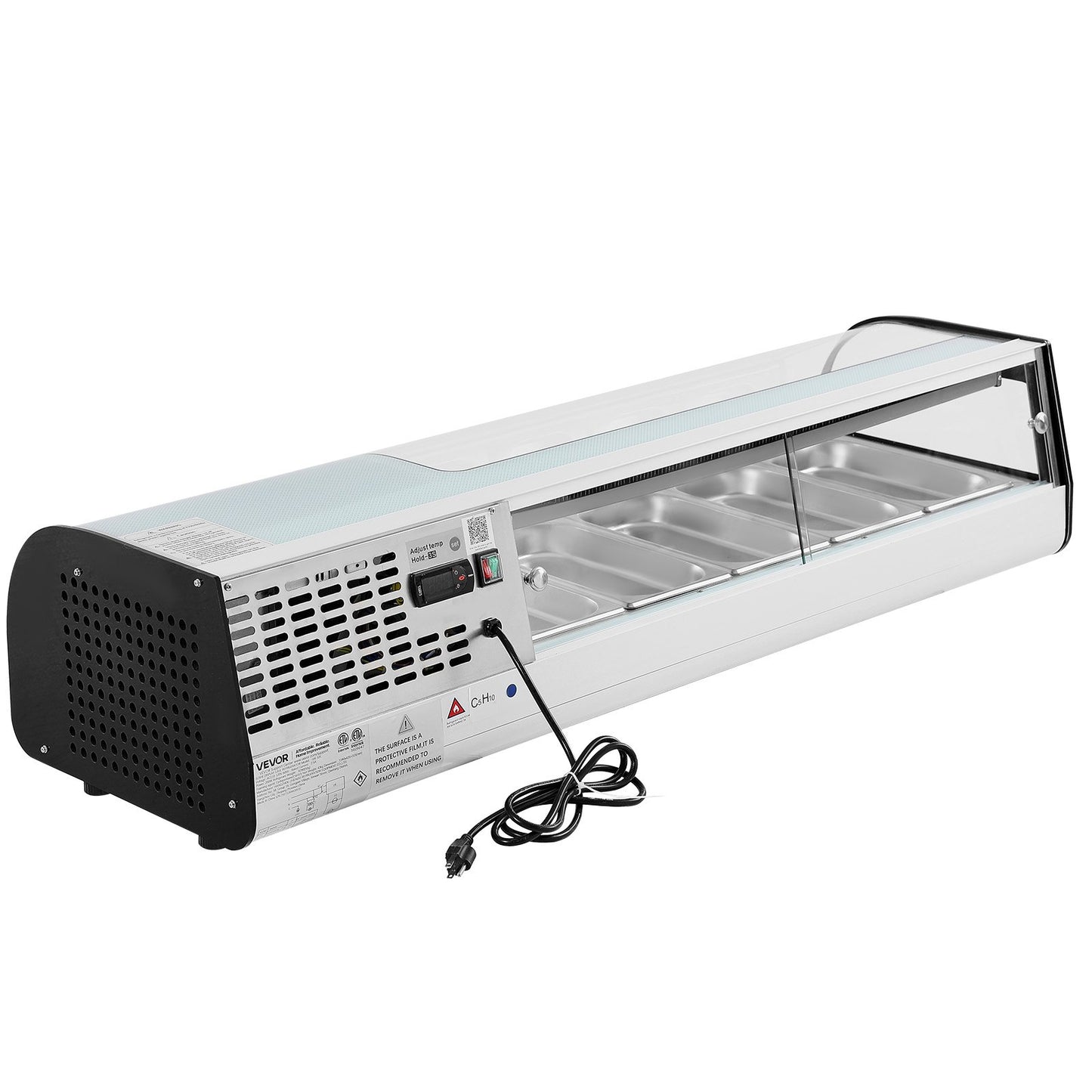 Sushi Display Case Refrigerator, 52L Commercial Sushi Case, 5-Pan Countertop Showcase with Curved Glass, LED Lighting, and Digital Temperature Control, for Sushi-Bar Counter, Restaurant, Store