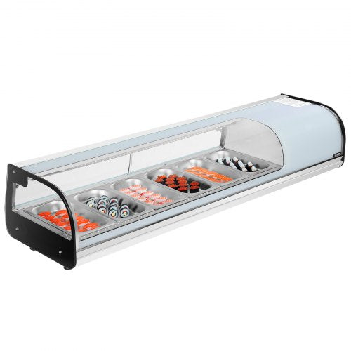 Sushi Display Case Refrigerator, 62L Commercial Sushi Case, 6-Pan Countertop Showcase with Curved Glass, LED Lighting, and Digital Temperature Control, for Sushi-Bar Counter, Restaurant, Store