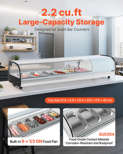 Sushi Display Case Refrigerator, 62L Commercial Sushi Case, 6-Pan Countertop Showcase with Curved Glass, LED Lighting, and Digital Temperature Control, for Sushi-Bar Counter, Restaurant, Store