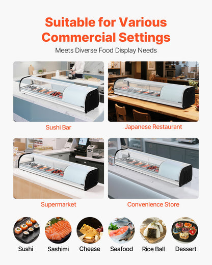Sushi Display Case Refrigerator, 62L Commercial Sushi Case, 6-Pan Countertop Showcase with Curved Glass, LED Lighting, and Digital Temperature Control, for Sushi-Bar Counter, Restaurant, Store